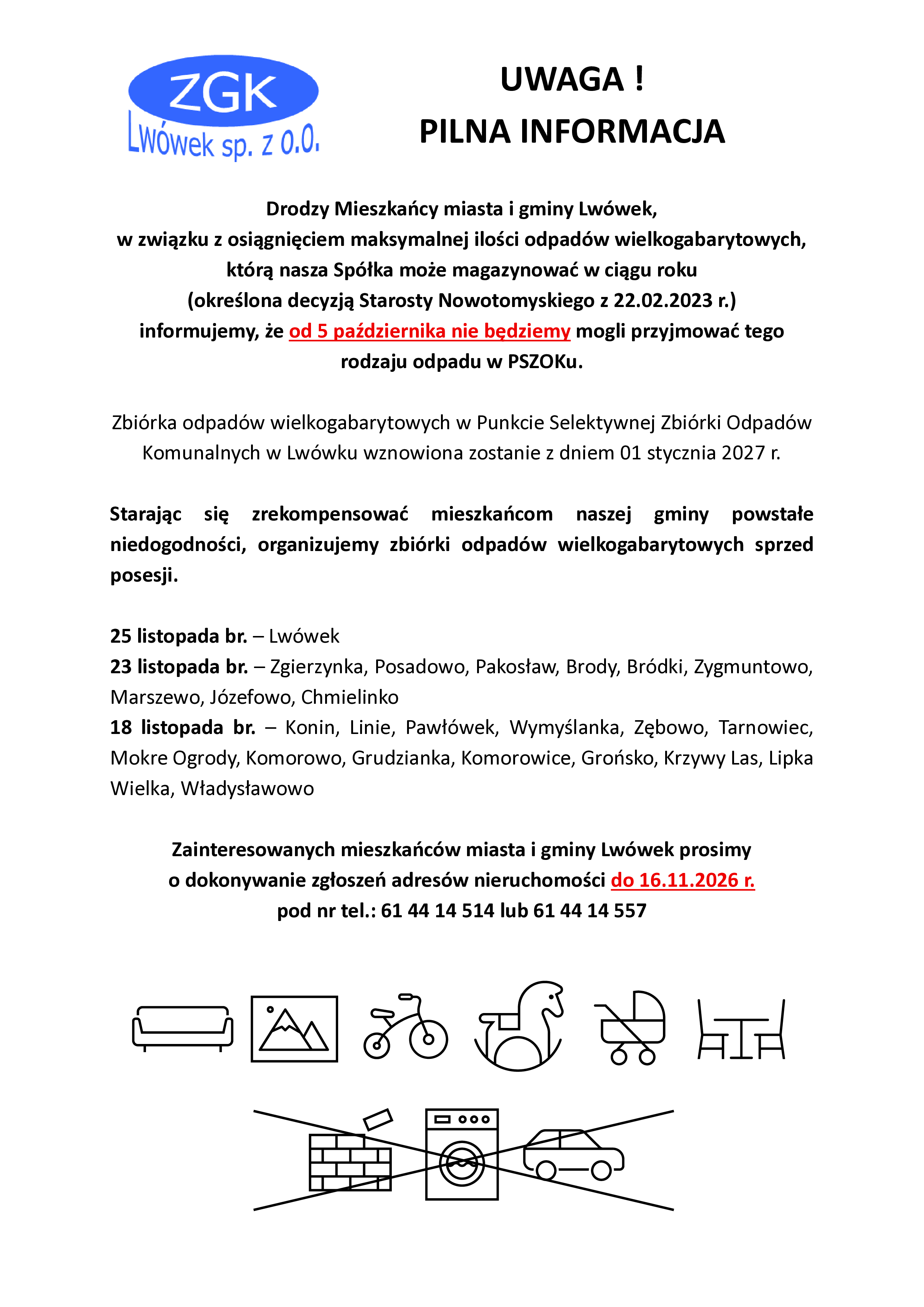 omunikat dot. odpad&oacute;w wielkogabarytowych